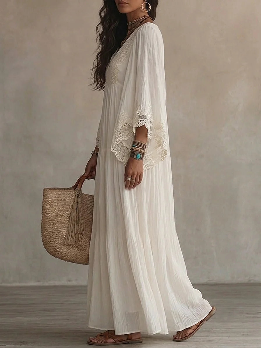 Indara | Vestido largo de blanco con escote en V